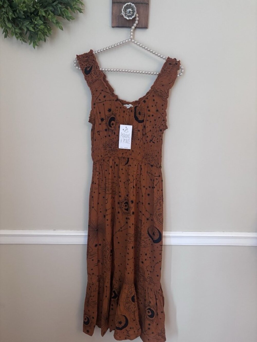 NWT Patrons of Peace Size XS Celestial Print Midi Dress Rust Boho Smocked Rayon